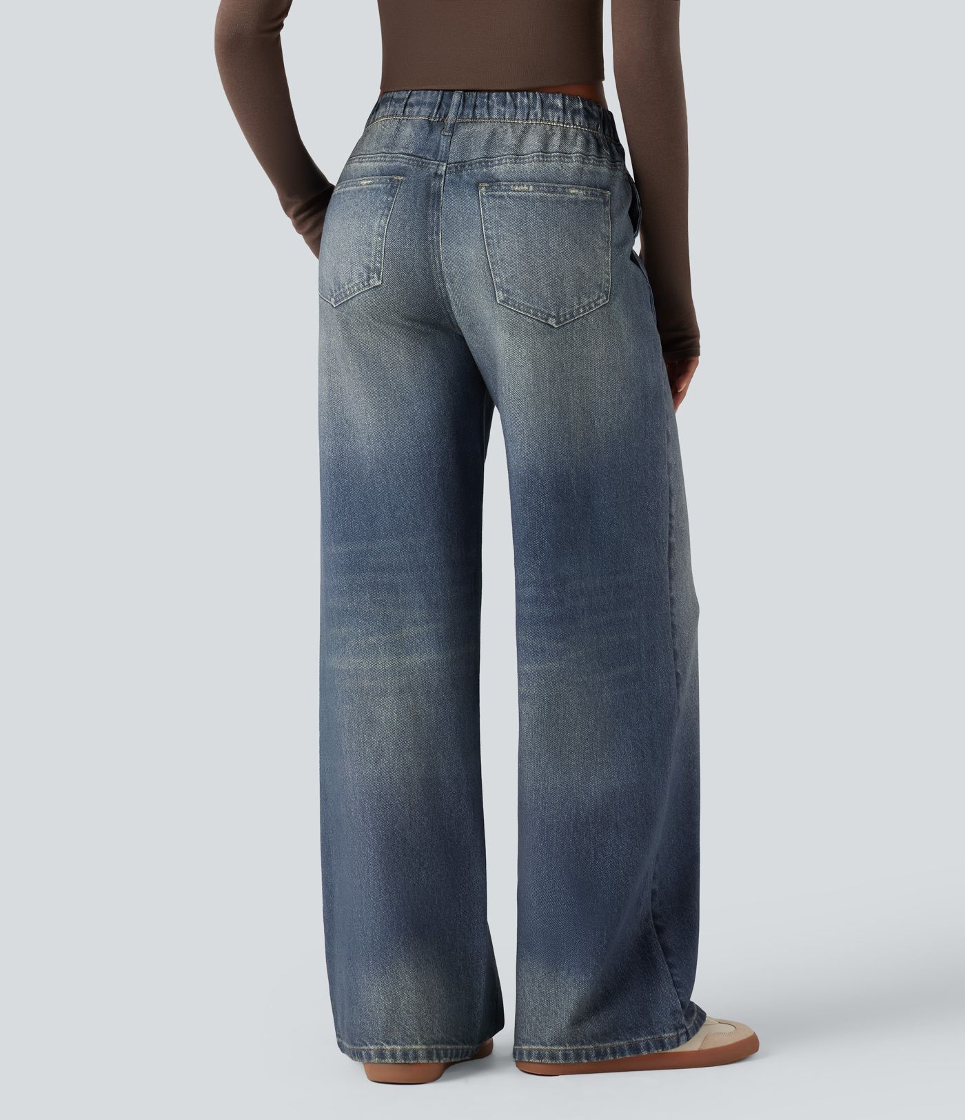 Mid Rise Denim Print French Terry Casual Jogger Jeans with Pockets