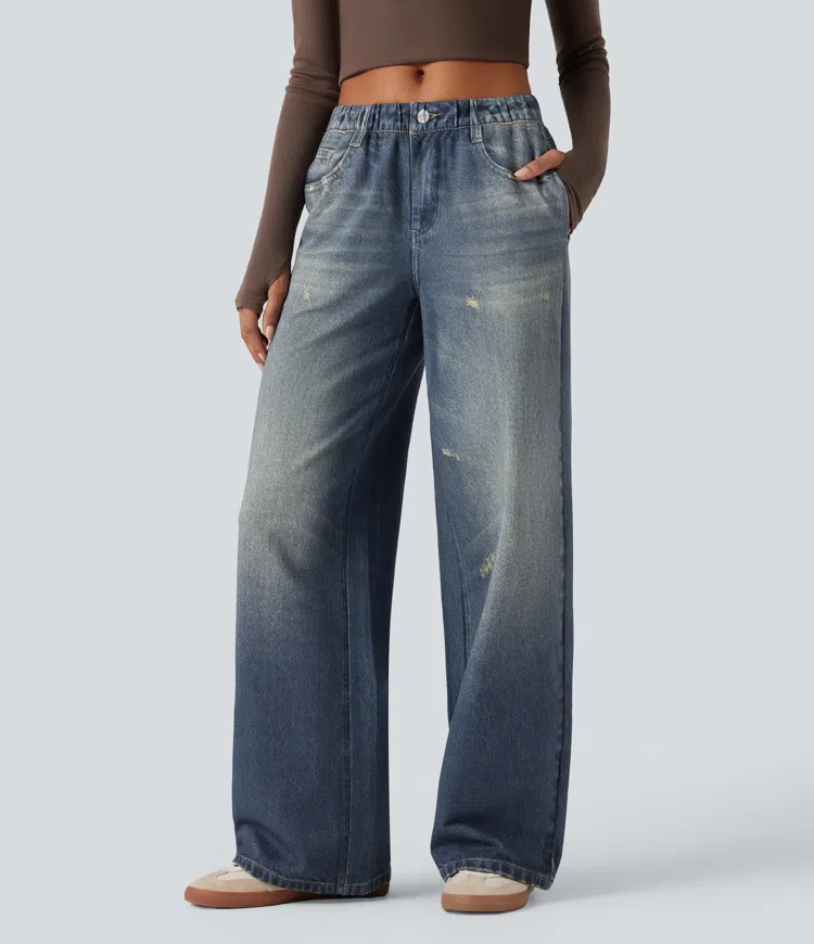Mid Rise Denim Print French Terry Casual Sweatpants Jeans with Pockets