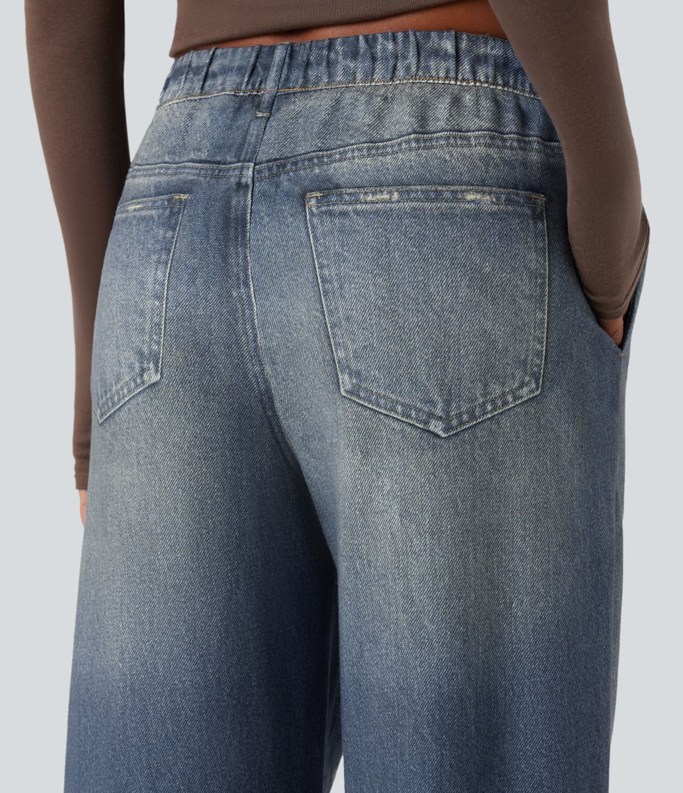 Mid Rise Denim Print French Terry Casual Jogger Jeans with Pockets