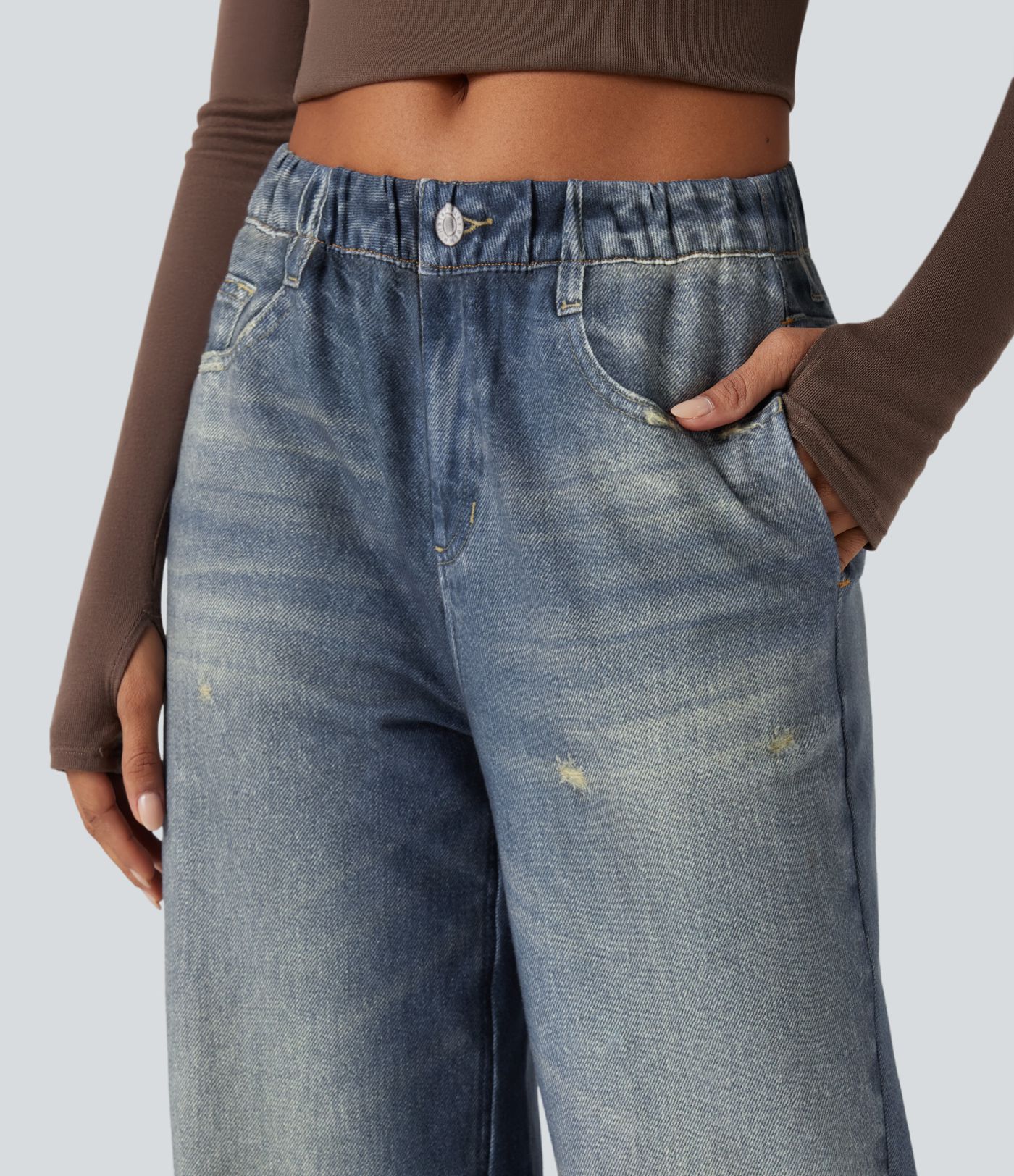 Mid Rise Denim Print French Terry Casual Jogger Jeans with Pockets