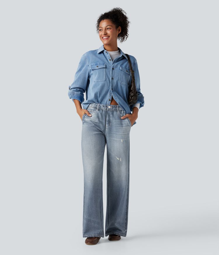 Jean jogging baggy Halara Flex™ molleton français jambes larges taille mi-haute avec poches