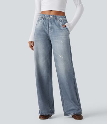 Mid Rise Denim Print French Terry Casual Sweatpants Jeans with Pockets