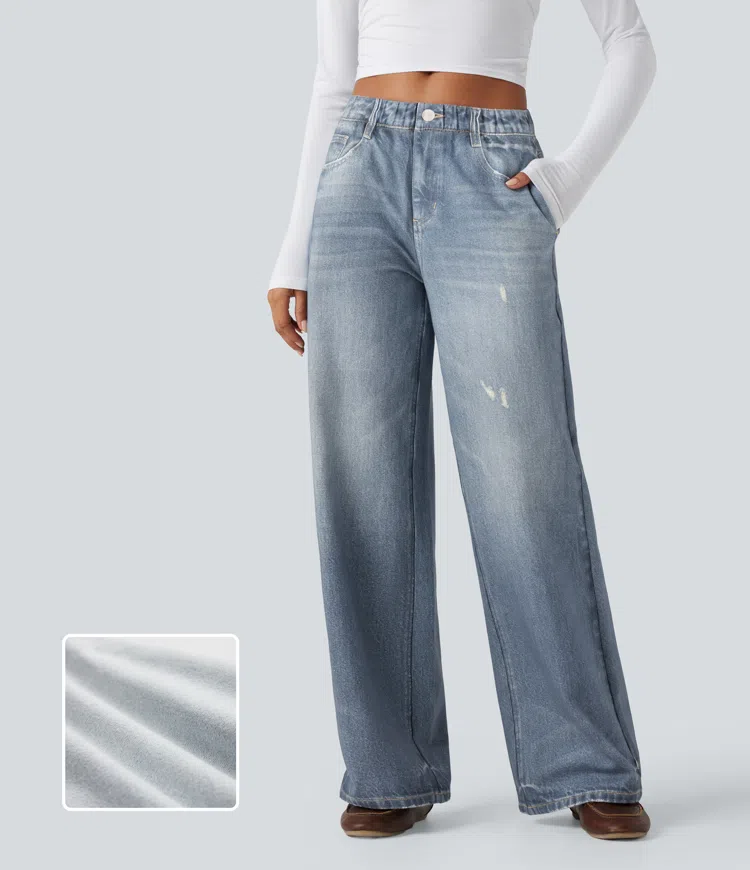Light Ocean Denim Jogging jean décontracté en molleton French Terry imprimé denim taille mi-haute avec poches / 1