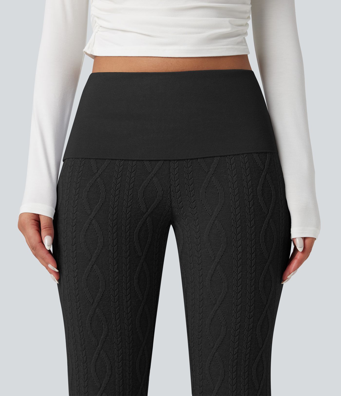 Foldover Low Rise Jumper Knit Flared Casual Trousers Foldover Low Rise Jumper Knit Flared Casual Trousers