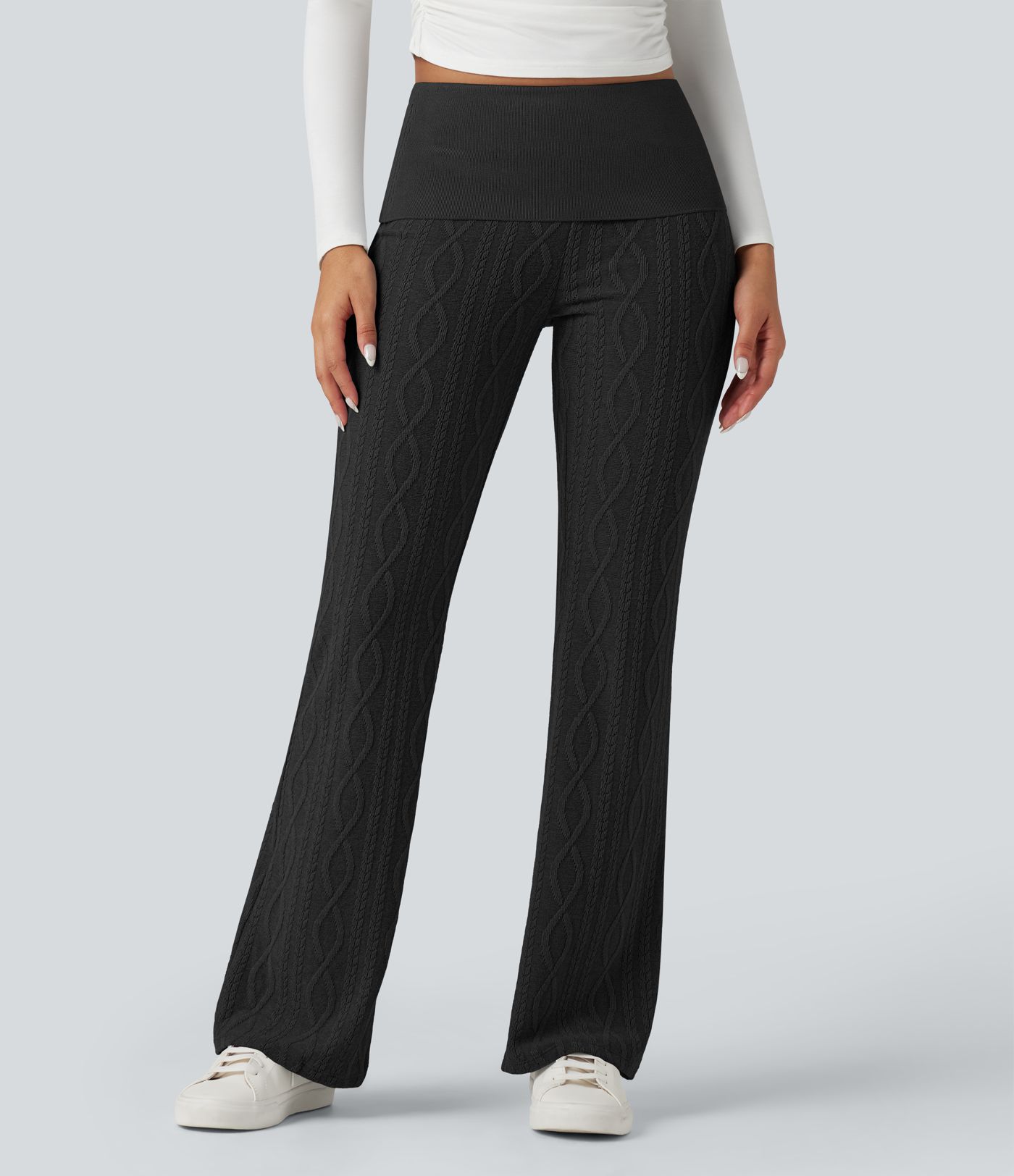 Foldover Low Rise Jumper Knit Flared Casual Trousers Foldover Low Rise Jumper Knit Flared Casual Trousers