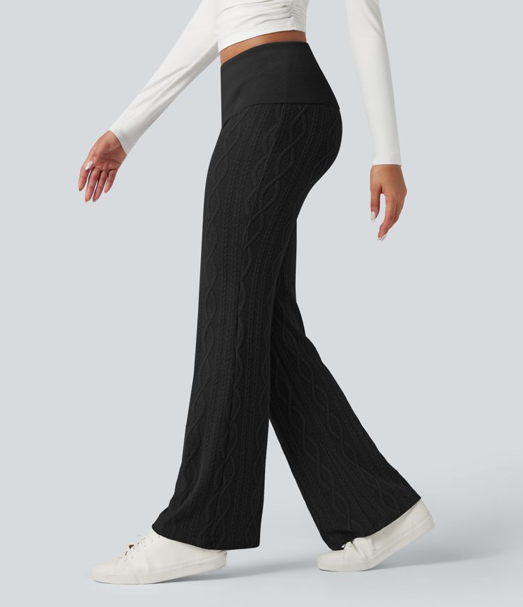 Foldover Low Rise Jumper Knit Flared Casual Trousers Foldover Low Rise Jumper Knit Flared Casual Trousers