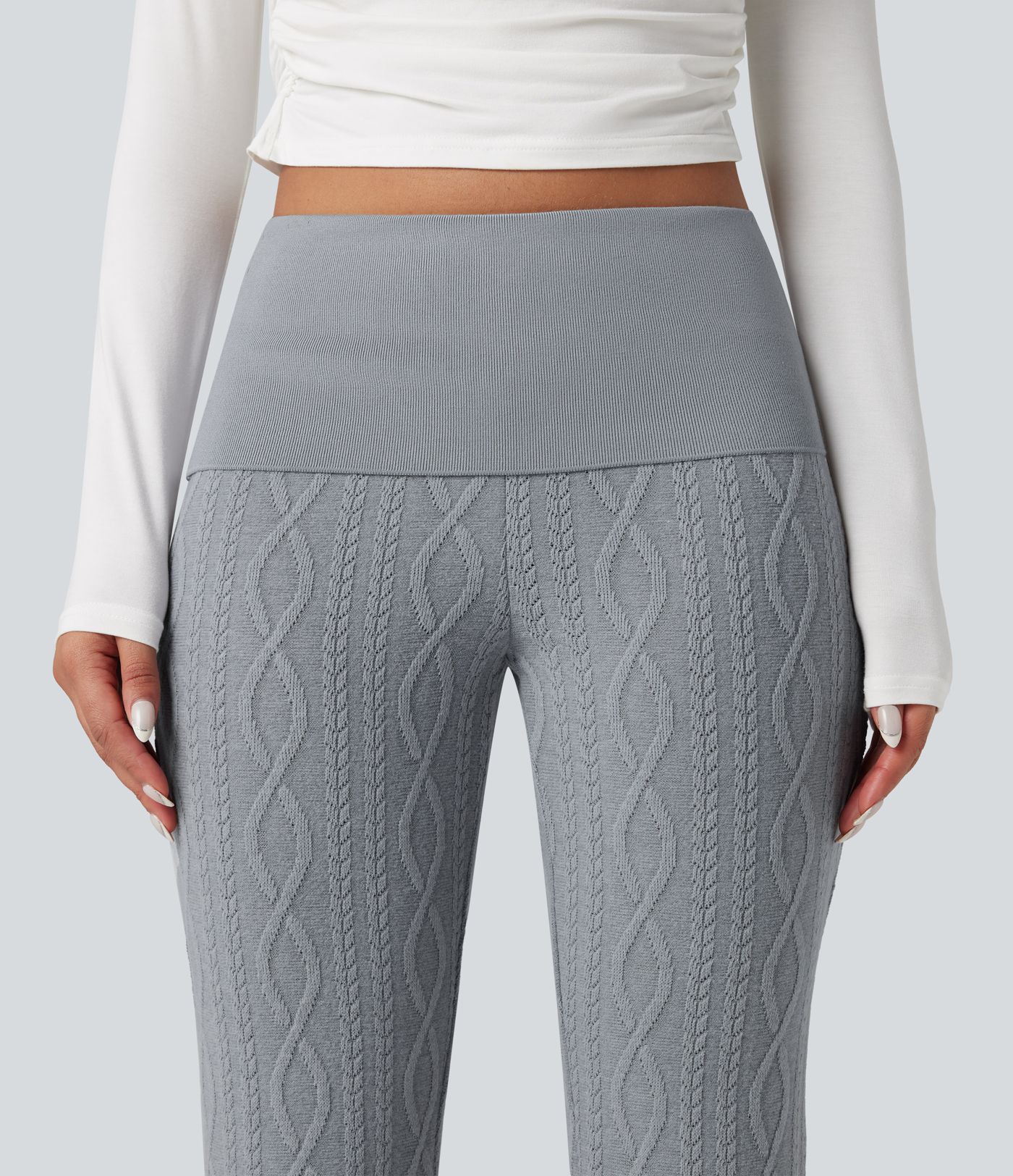 Foldover Low Rise Sweater Knit Flare Casual Trackpants