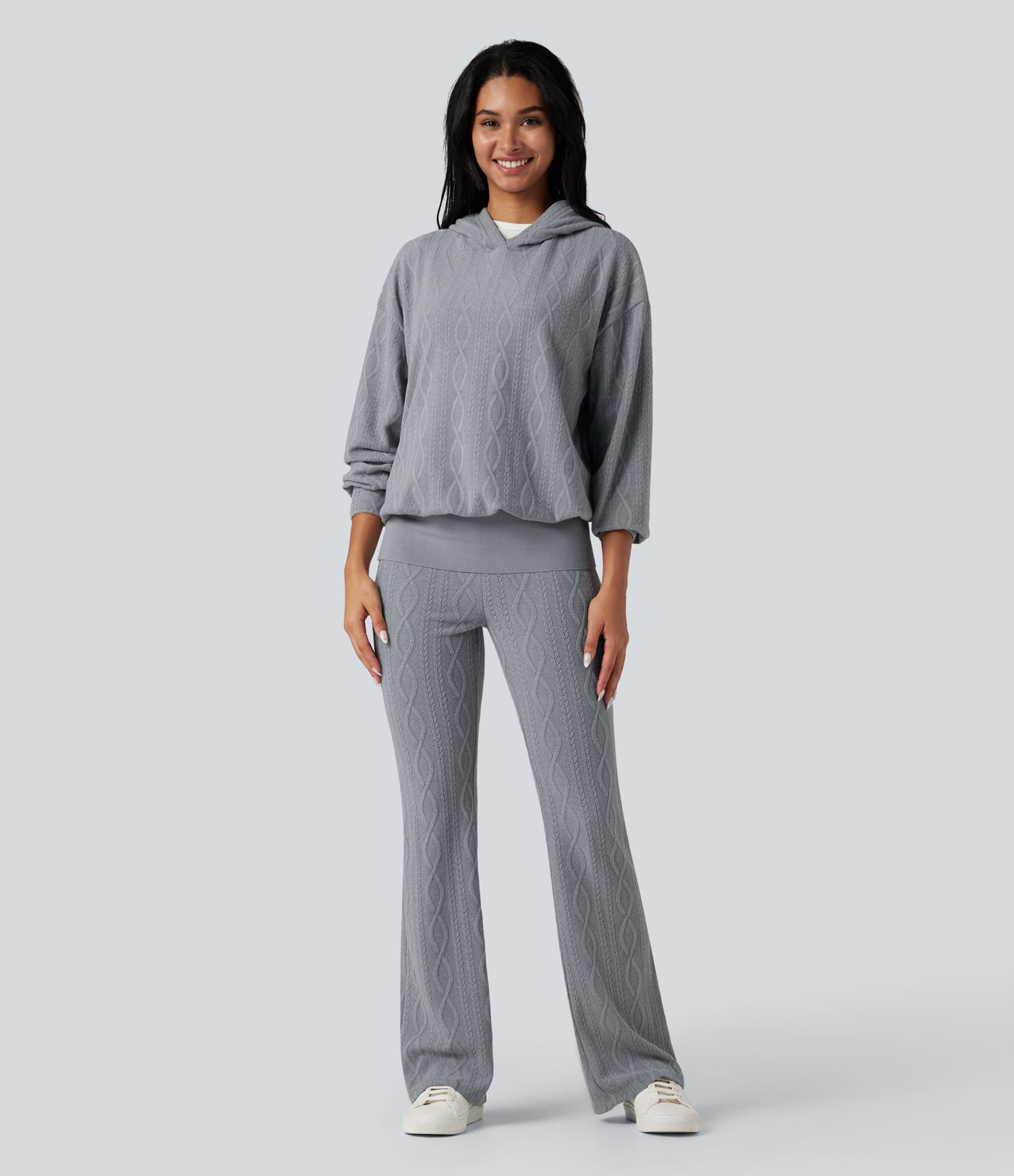 Foldover Low Rise Sweater Knit Flare Casual Trackpants