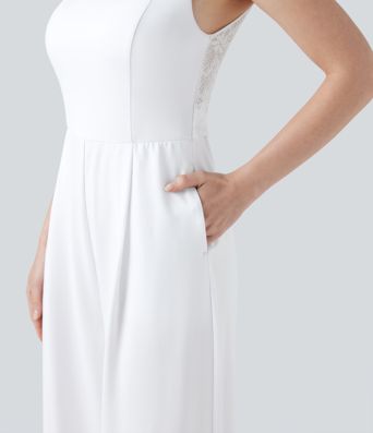 Ärmelloser Jumpsuit mit quadratischem Ausschnitt, Seitentaschen und Kontrastspitze für Brautjungfern und Hochzeitsgäste - Easy Peezy Ärmelloser Jumpsuit mit quadratischem Ausschnitt, Seitentaschen und Kontrastspitze für Brautjungfern und Hochzeitsgäste - Easy Peezy