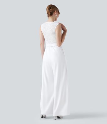 Ärmelloser Jumpsuit mit quadratischem Ausschnitt, Seitentaschen und Kontrastspitze für Brautjungfern und Hochzeitsgäste - Easy Peezy Ärmelloser Jumpsuit mit quadratischem Ausschnitt, Seitentaschen und Kontrastspitze für Brautjungfern und Hochzeitsgäste - Easy Peezy