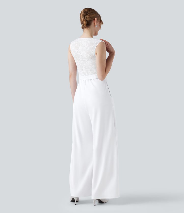 Ärmelloser Jumpsuit mit quadratischem Ausschnitt, Seitentaschen und Kontrastspitze für Brautjungfern und Hochzeitsgäste - Easy Peezy Ärmelloser Jumpsuit mit quadratischem Ausschnitt, Seitentaschen und Kontrastspitze für Brautjungfern und Hochzeitsgäste - Easy Peezy