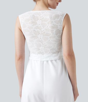 Ärmelloser Jumpsuit mit quadratischem Ausschnitt, Seitentaschen und Kontrastspitze für Brautjungfern und Hochzeitsgäste - Easy Peezy Ärmelloser Jumpsuit mit quadratischem Ausschnitt, Seitentaschen und Kontrastspitze für Brautjungfern und Hochzeitsgäste - Easy Peezy