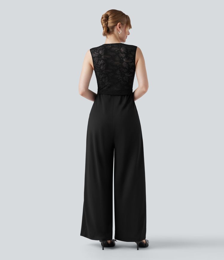 Square Neck Sleeveless Contrast Lace Bridesmaid And Wedding Guest Jumpsuit with Pockets-Easy Peezy