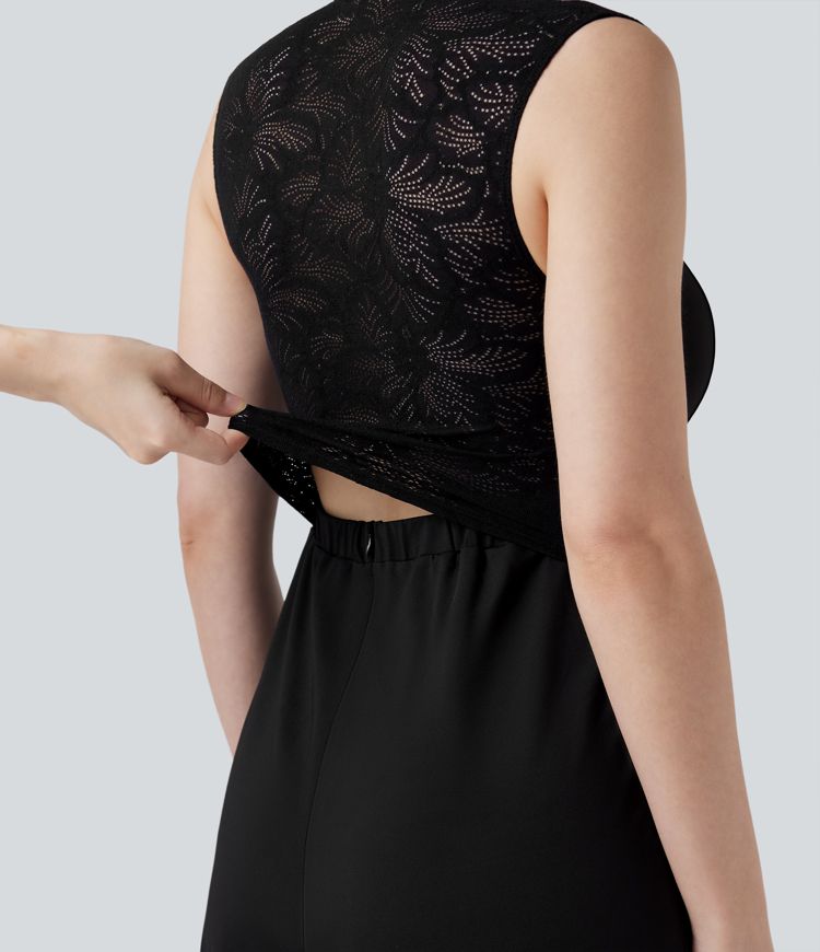 Square Neck Sleeveless Contrast Lace Bridesmaid And Wedding Guest Jumpsuit with Pockets-Easy Peezy