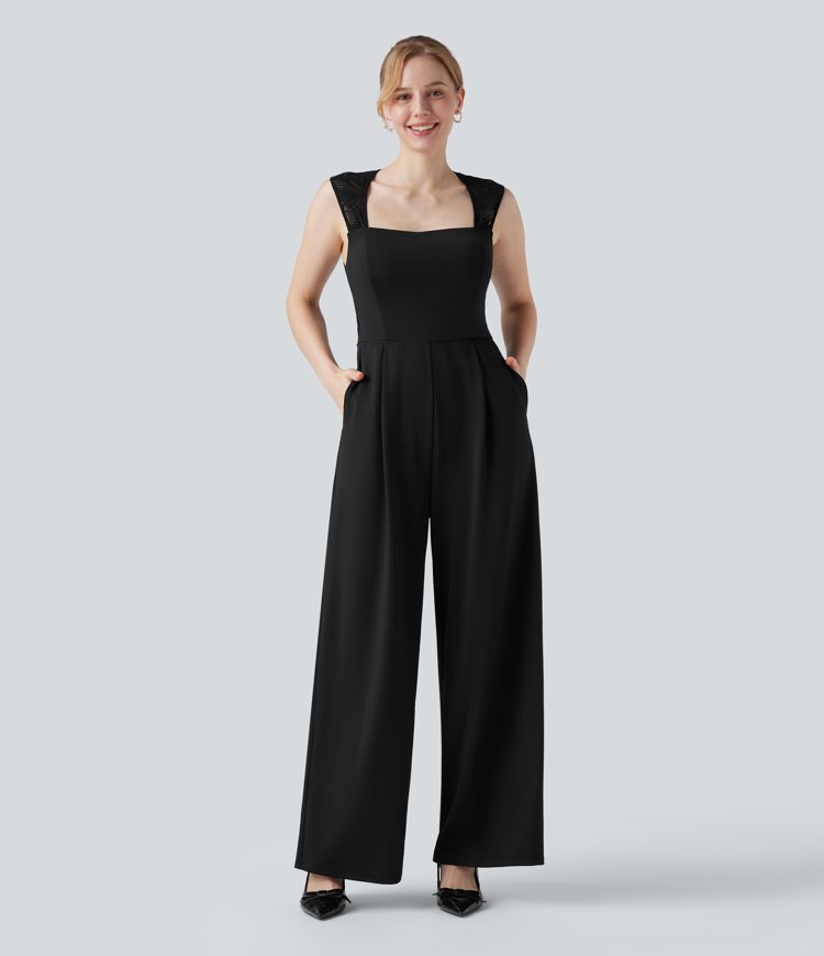 Square Neck Sleeveless Contrast Lace Bridesmaid And Wedding Guest Jumpsuit with Pockets-Easy Peezy