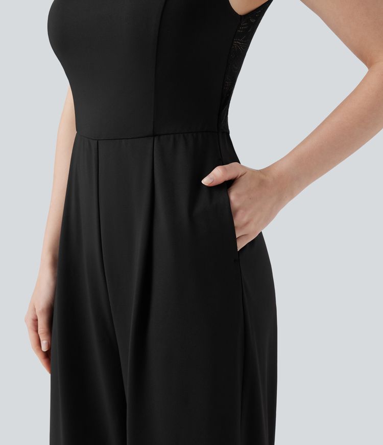 Square Neck Sleeveless Contrast Lace Bridesmaid And Wedding Guest Jumpsuit with Pockets-Easy Peezy