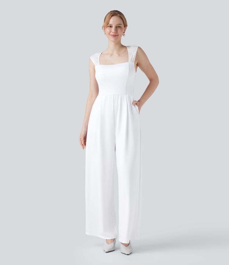Ärmelloser Jumpsuit mit quadratischem Ausschnitt, Seitentaschen und Kontrastspitze für Brautjungfern und Hochzeitsgäste - Easy Peezy Ärmelloser Jumpsuit mit quadratischem Ausschnitt, Seitentaschen und Kontrastspitze für Brautjungfern und Hochzeitsgäste - Easy Peezy