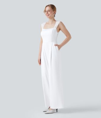 Ärmelloser Jumpsuit mit quadratischem Ausschnitt, Seitentaschen und Kontrastspitze für Brautjungfern und Hochzeitsgäste - Easy Peezy Ärmelloser Jumpsuit mit quadratischem Ausschnitt, Seitentaschen und Kontrastspitze für Brautjungfern und Hochzeitsgäste - Easy Peezy