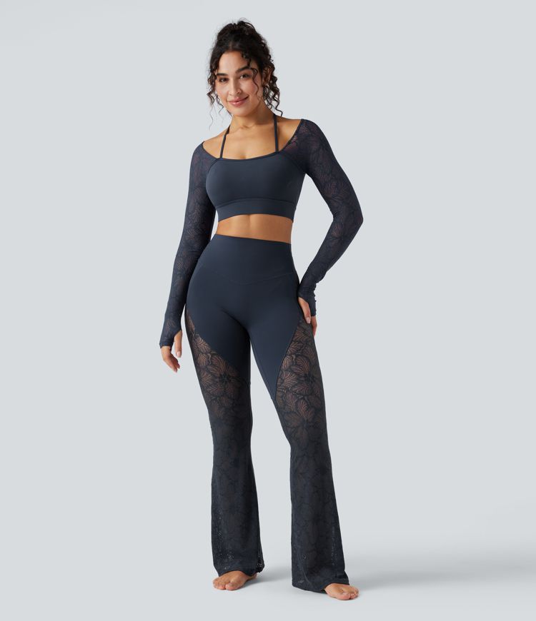Pantalon de yoga évasé gainant taille haute avec dentelle contrastée et poche Halara UltraSculpt™