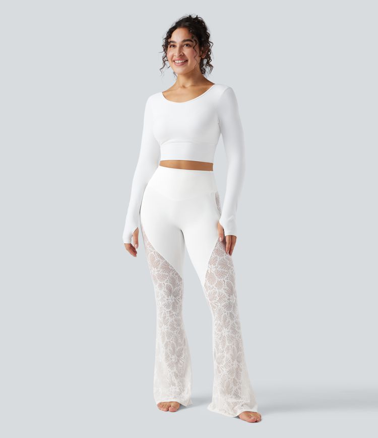Halara UltraSculpt™ High Waisted Tummy Control Contrast Lace Yoga Flare Pants with Pocket