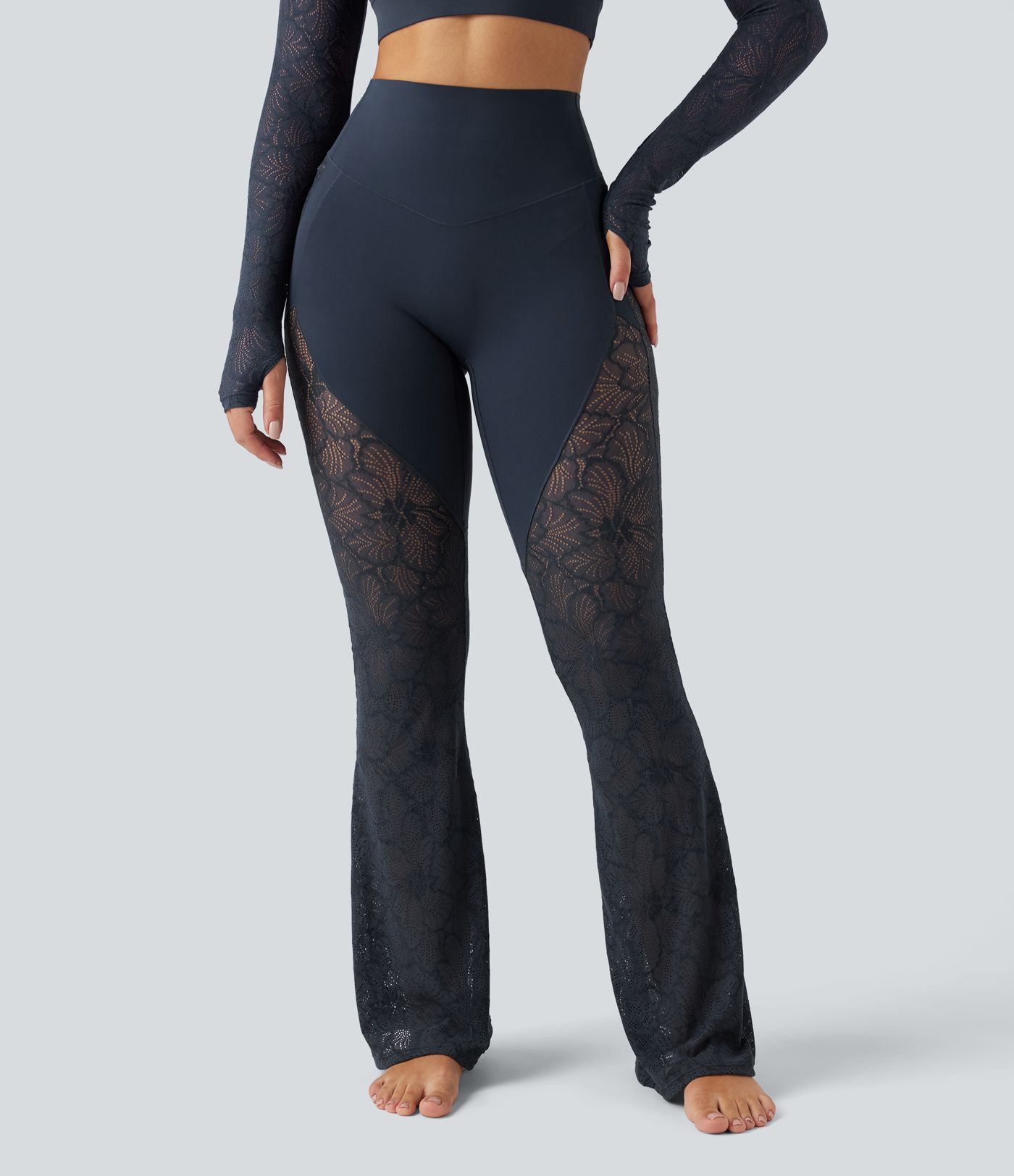 Pantalon de yoga évasé gainant taille haute avec dentelle contrastée et poche Halara UltraSculpt™