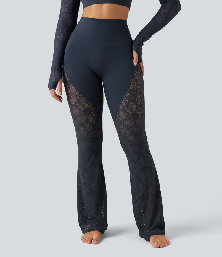 Pantalon de yoga évasé gainant taille haute avec dentelle contrastée et poche Halara UltraSculpt™
