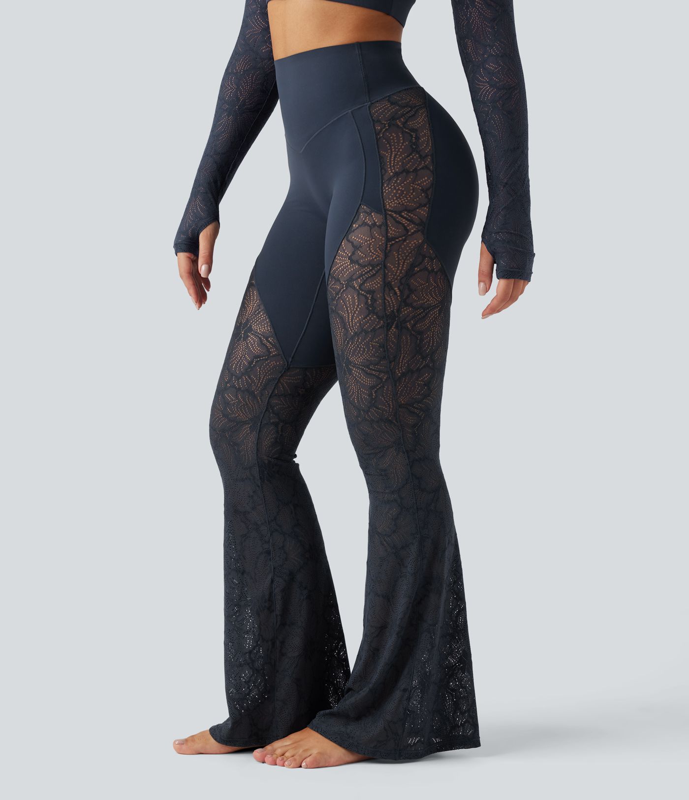 Pantalon de yoga évasé gainant taille haute avec dentelle contrastée et poche Halara UltraSculpt™