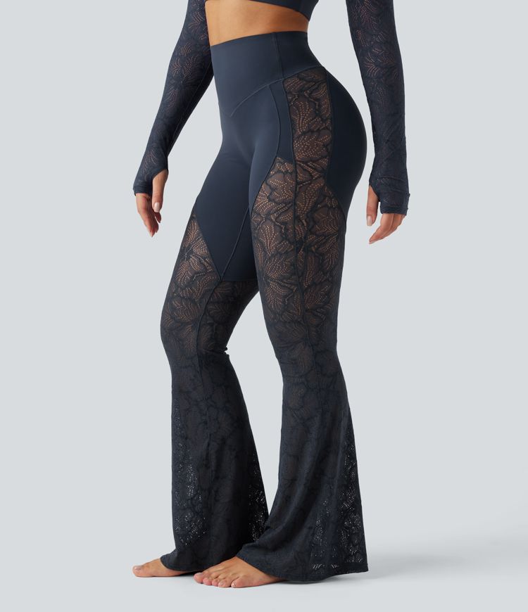 Pantalon de yoga évasé gainant taille haute avec dentelle contrastée et poche Halara UltraSculpt™