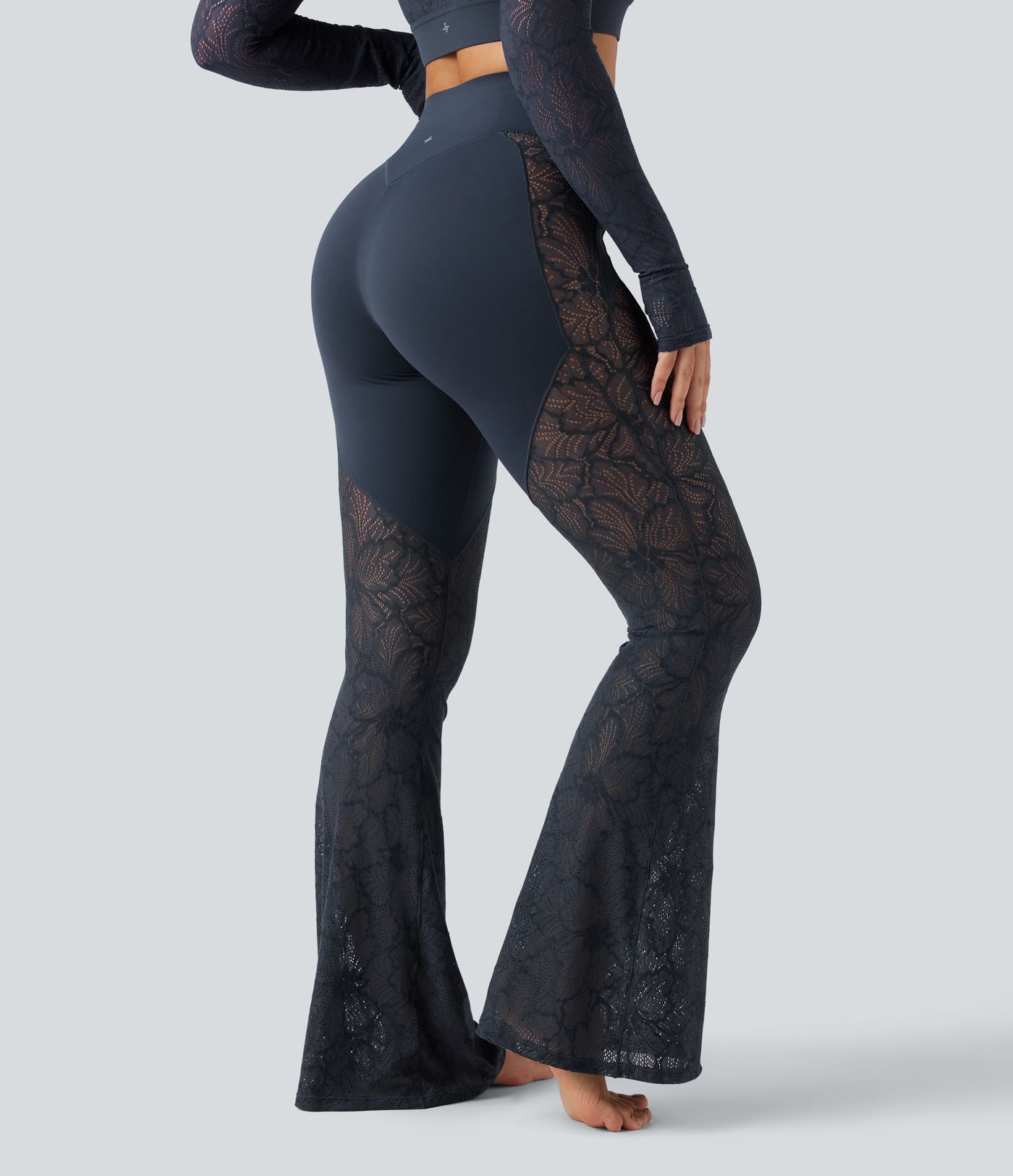 Pantalon de yoga évasé gainant taille haute avec dentelle contrastée et poche Halara UltraSculpt™