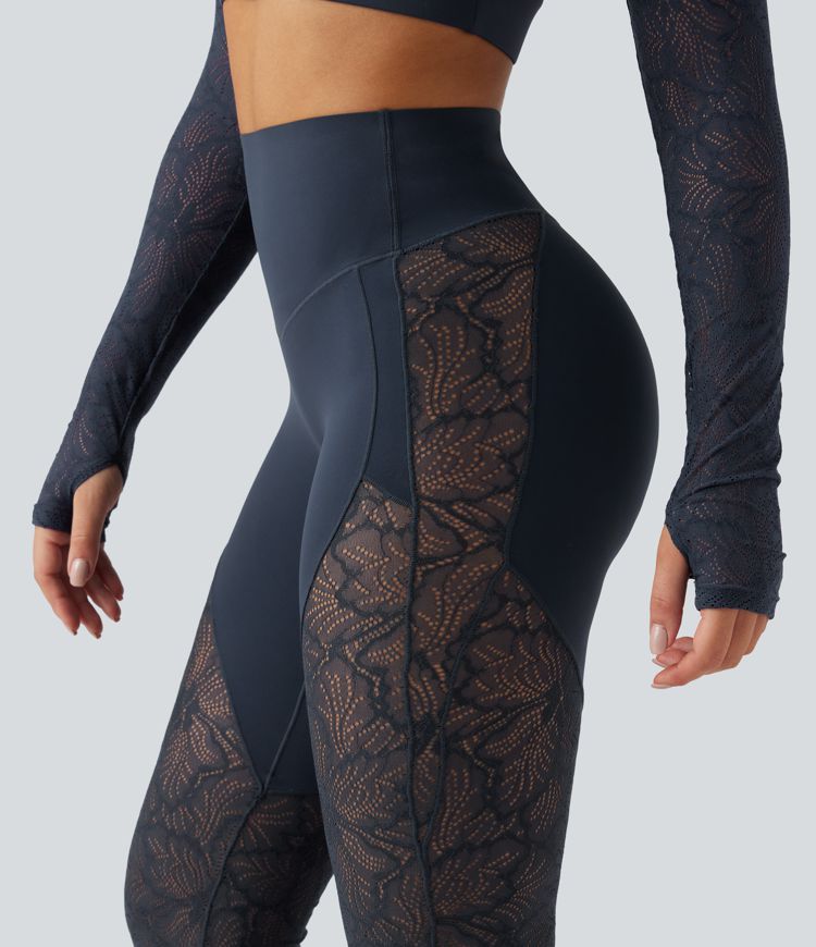 Pantalon de yoga évasé gainant taille haute avec dentelle contrastée et poche Halara UltraSculpt™