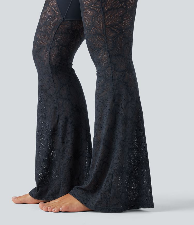Pantalon de yoga évasé gainant taille haute avec dentelle contrastée et poche Halara UltraSculpt™