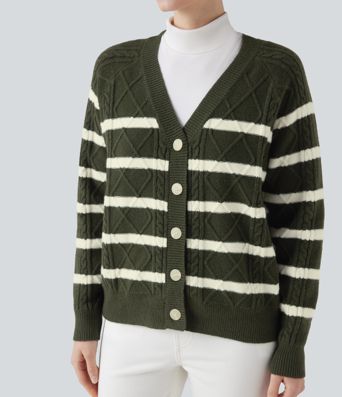 V-neck Long Sleeve Striped Casual Cardigan