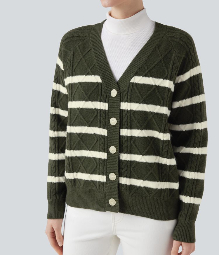 V-neck Long Sleeve Striped Casual Cardigan