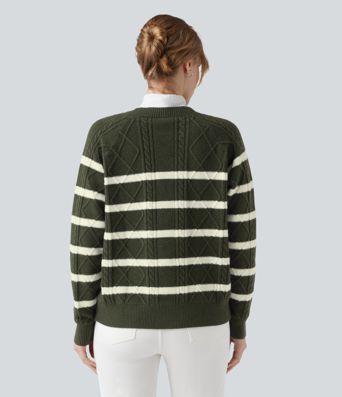 V-neck Long Sleeve Striped Casual Cardigan
