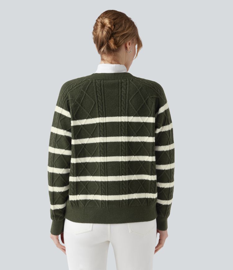 V-neck Long Sleeve Striped Casual Cardigan