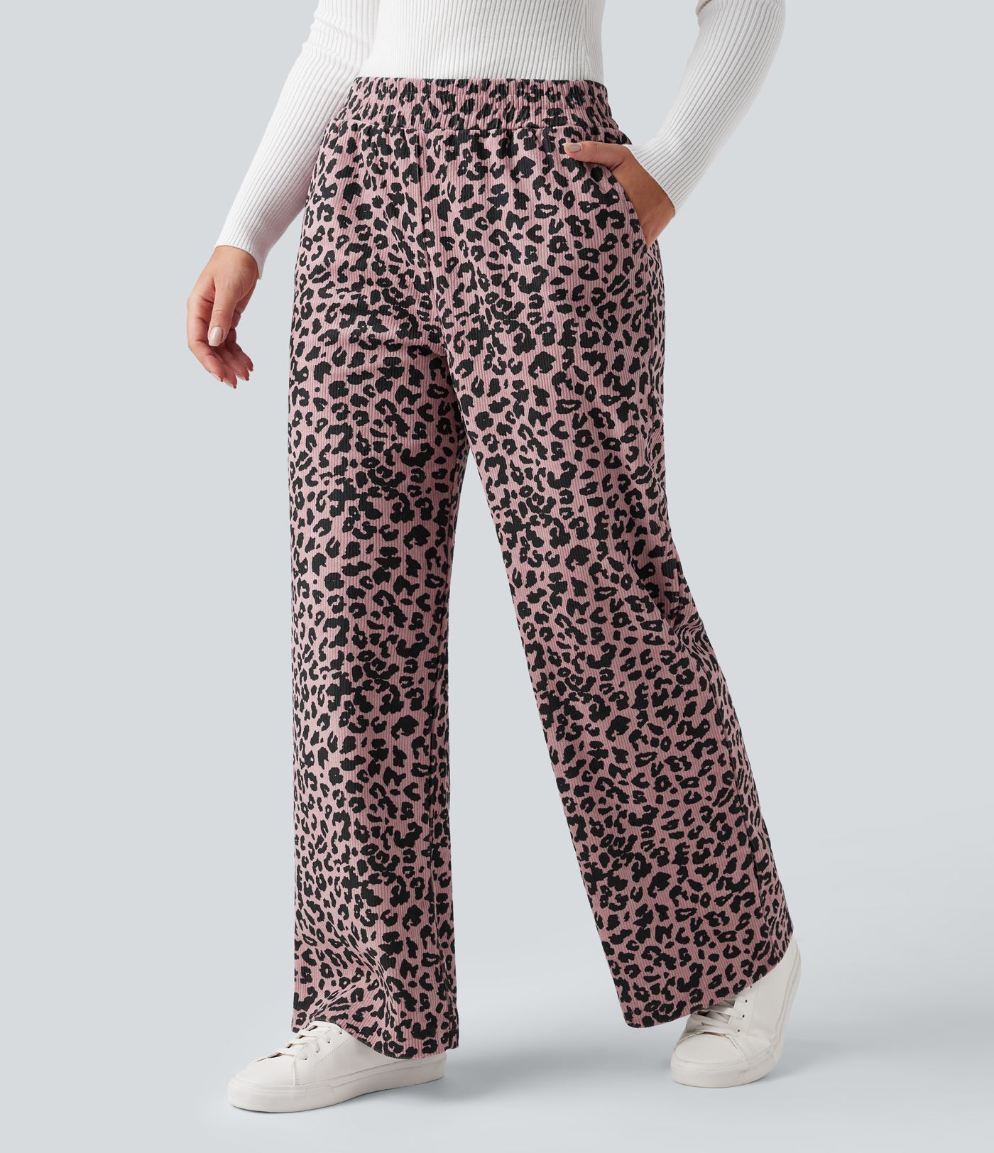 High Waisted Leopard Print Corduroy Casual Baggy Trousers with Pockets
