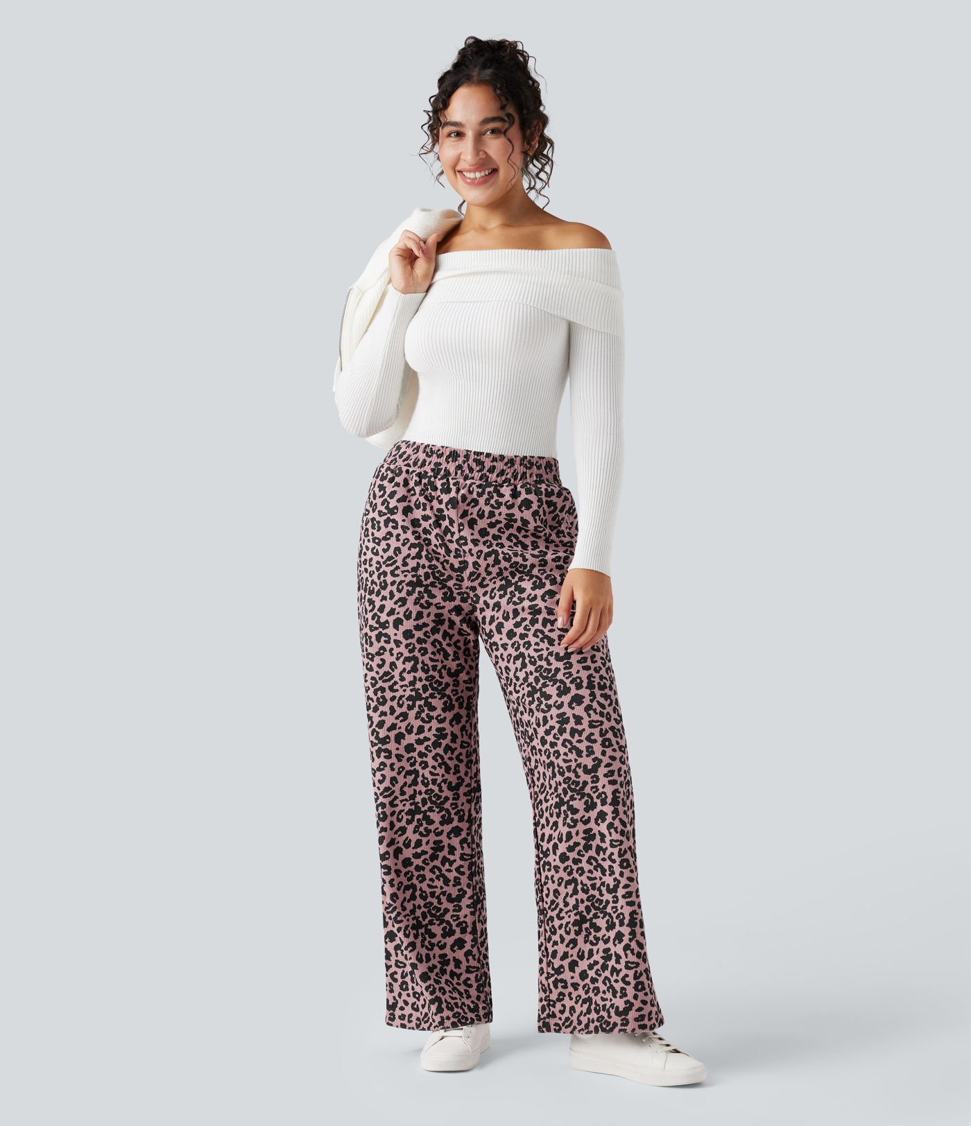 High Waisted Leopard Print Corduroy Casual Baggy Trousers with Pockets