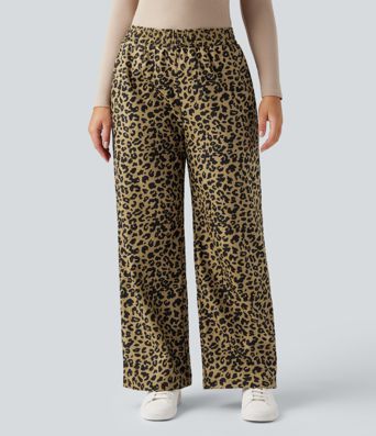 High Waisted Leopard Print Corduroy Casual Baggy Pants with Pockets