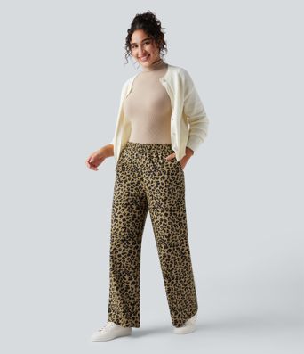 High Waisted Leopard Print Corduroy Casual Baggy Pants with Pockets