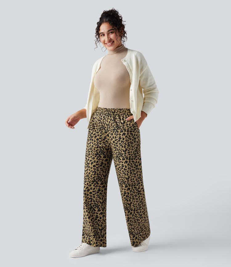 High Waisted Leopard Print Corduroy Casual Baggy Pants with Pockets