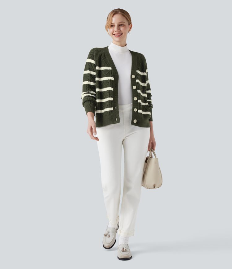 V-neck Long Sleeve Striped Casual Cardigan
