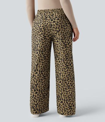 High Waisted Leopard Print Corduroy Casual Baggy Pants with Pockets