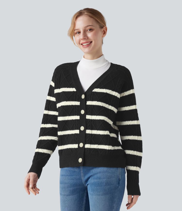 Lässiger Cardigan mit V-Ausschnitt, langen Ärmeln und Streifen