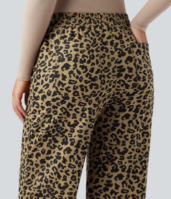 High Waisted Leopard Print Corduroy Casual Baggy Pants with Pockets
