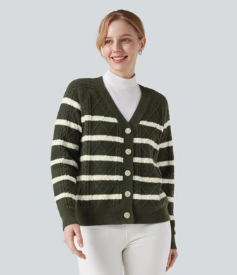 V-neck Long Sleeve Striped Casual Cardigan