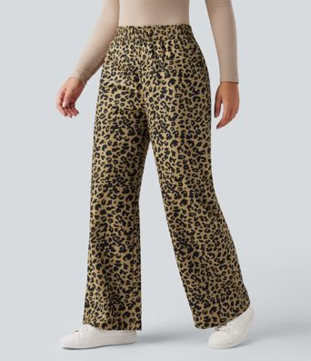 High Waisted Leopard Print Corduroy Casual Baggy Pants with Pockets