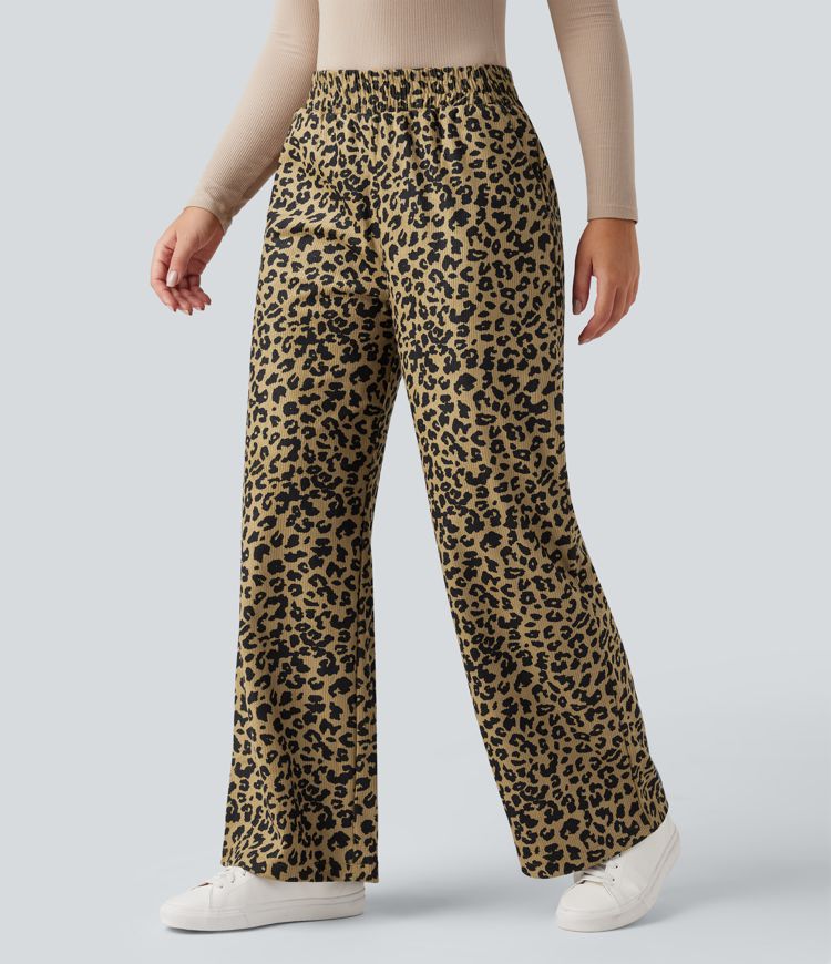 High Waisted Leopard Print Corduroy Casual Baggy Pants with Pockets
