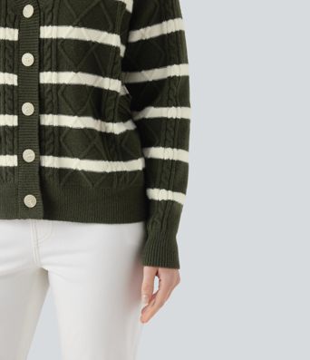 V-neck Long Sleeve Striped Casual Cardigan