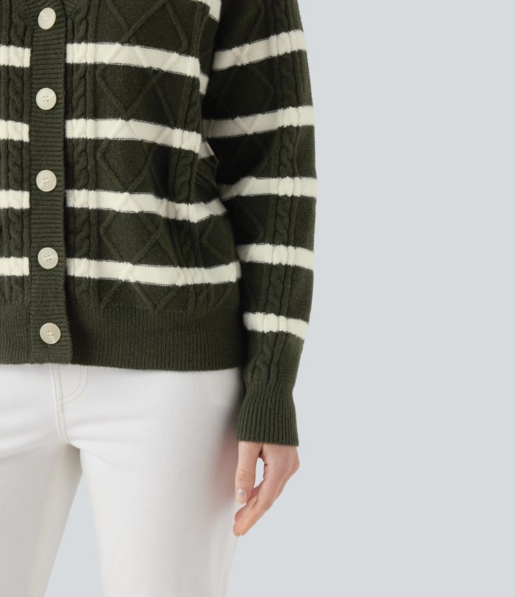 V-neck Long Sleeve Striped Casual Cardigan