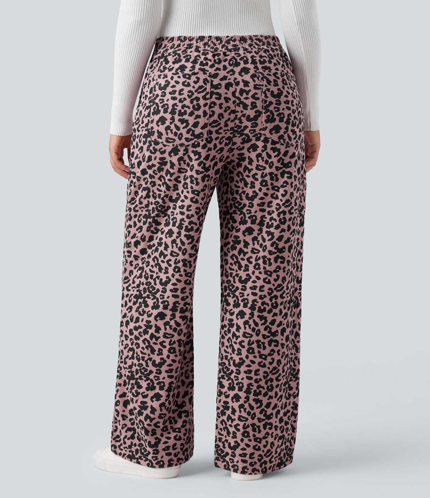 High Waisted Leopard Print Corduroy Casual Baggy Trousers with Pockets